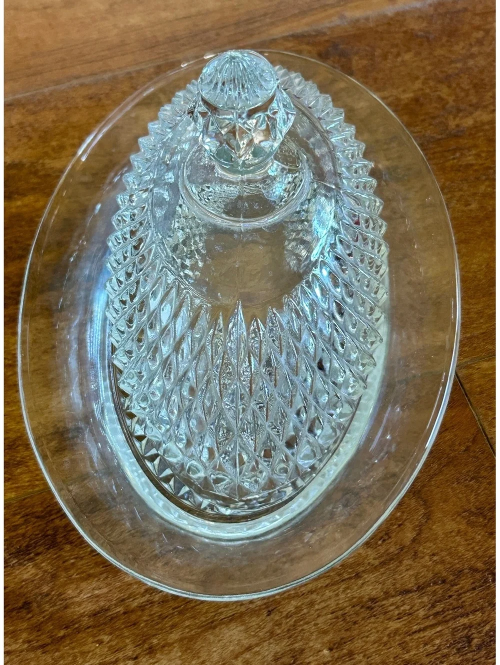 Vintage Clear Glass Covered Butter Dish with Diamond Pattern
